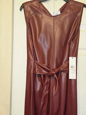 Calvin Klein Sleeveless Faux Leather Tie-Waist Dress - Burgundy